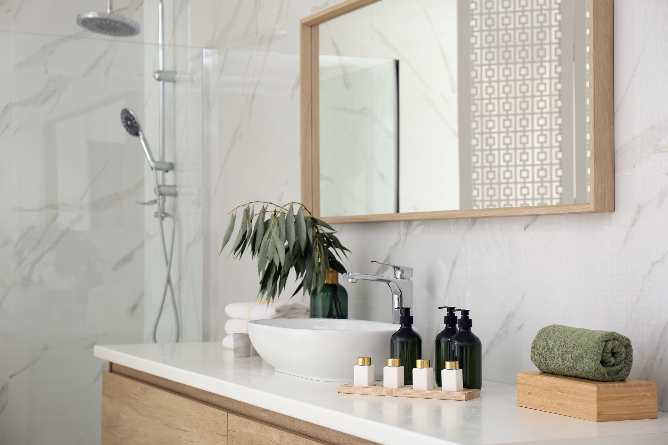 Bathroom Counter with Stylish Vessel Sink and Toiletries. Interior Design